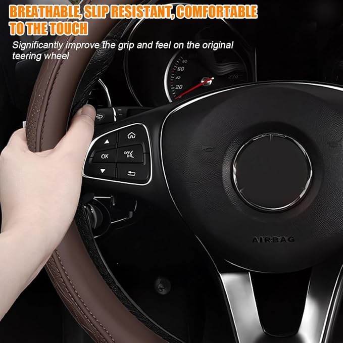 Zpana Car Steering Wheel Cover, 14.5-15" Breathable Soft Leather Vehicle Steering Wheel Protector with Anti-Slip Lining, Comfortable Auto Interior Decoration Accessories, Universal Fit (Coffee)