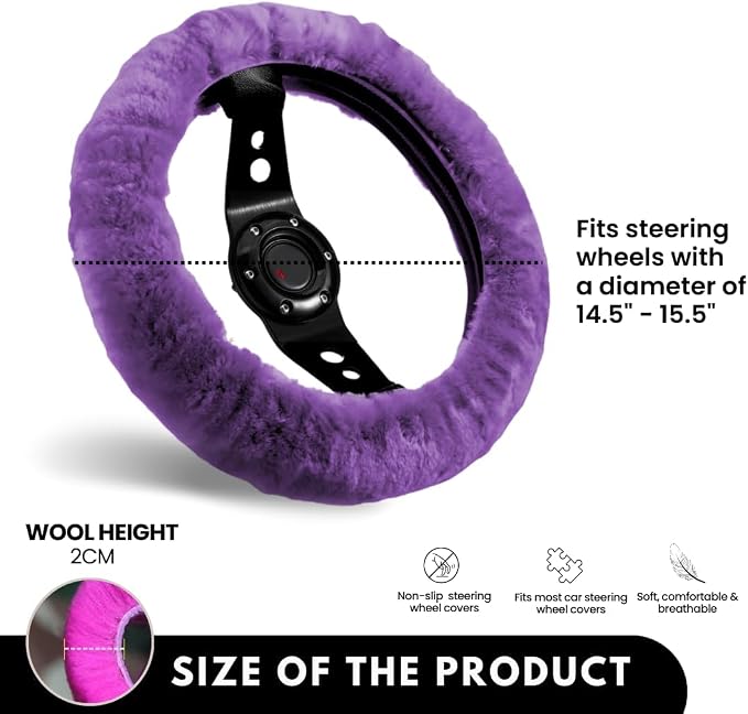 Andalus Brands Luxury Fluffy Car Steering Wheel Covers – Genuine Merino Sheepskin, Soft Fuzzy Car Steering Wheel Cover for Women, Universal 14.5-15" Size, Plush Fur Cute Auto Accessories, Purple