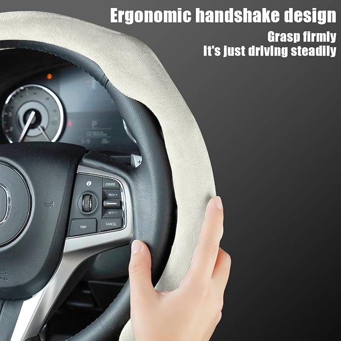 Mandark Car Steering Wheel Cover, Suede Sport Vehicle Steer Wheel Protector Fitting 15 Inch, Non-Slip Comfortable Automotive Interior Decoration Accessories, Universal for Most Cars (Beige)