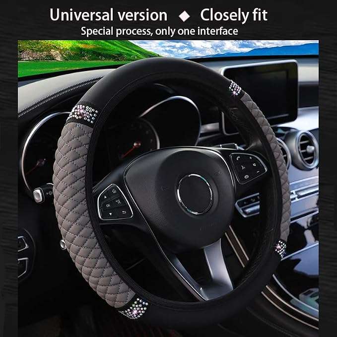Microfiber Leather Steering Wheel Cover with Anti-Slip Lining Universal Car Accessory for Steering Wheel with a Diameter of 14.5-15 inch (Grey)