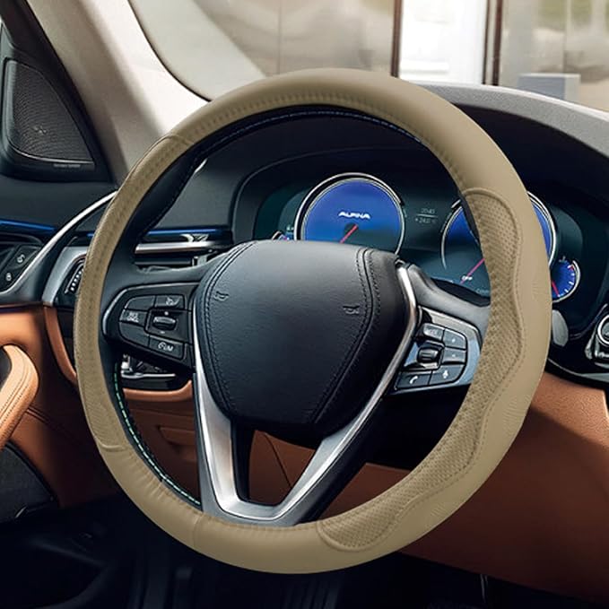 Car Steering Wheel Cover, 15 Inch Leather Anti-Slip Breathable Automotive Steering Wheel Protector, Universal Heat Resistant Vehicle Interior Accessories Cars, SUVs, Trucks(Beige)
