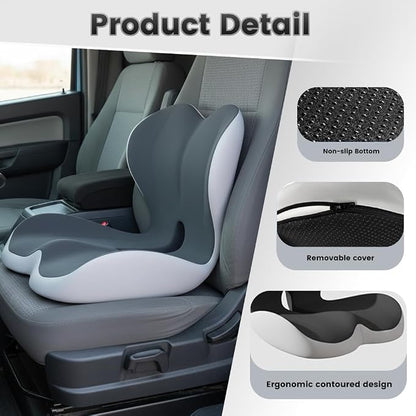 Ergonomic Seat Cushion with Memory Foam & Lumbar Support – Orthopedic Cushion for Car, Truck & Office Chairs, Non-Slip Pad for Daily Comfort