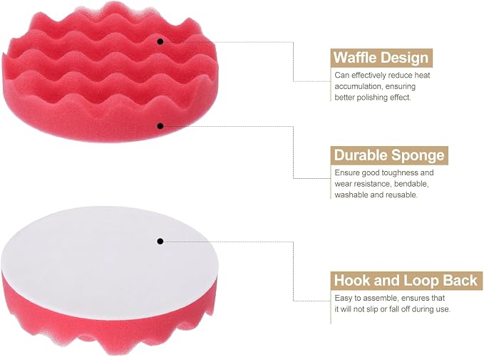 HARFINGTON 3pcs Buffing Sponge Pads 5" Polishing Wheel Waffle Finishing Grip Pad Car Buffer Polisher with Hook and Loop Back for Car Detailing Polishing Waxing, Red