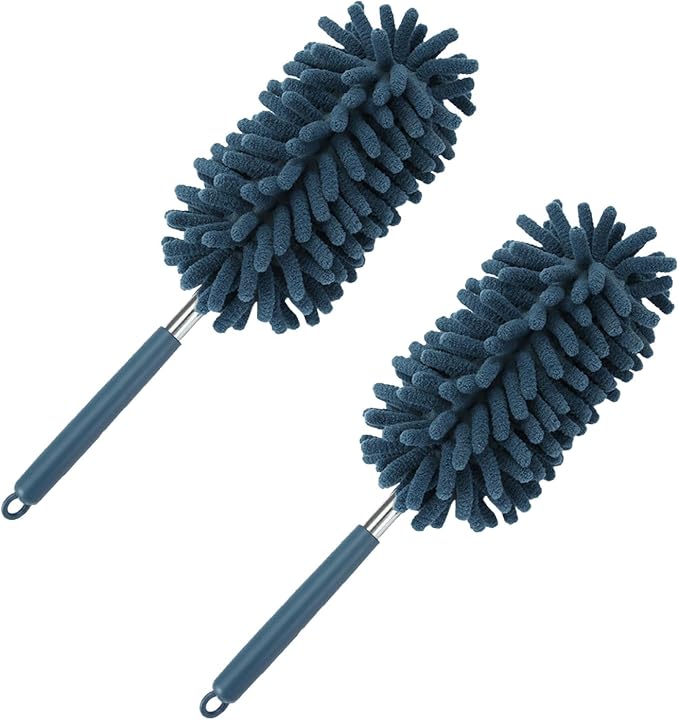 2PCS Car Interior Duster with Extension Pole, Microfiber Retractable Dusters Auto Dash Cleaning Tool, Soft Chenille Hand Washable Dusters for Vehicle Window Office Furniture (Blue)