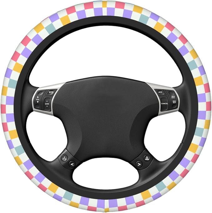 Checkered Steering Wheel Cover for Women,Universal Auto Steering Wheel 14-15 Inch Car Interior Accessories with 2PCS Car Coasters,Suitable for Men and Women