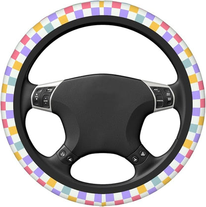 Checkered Steering Wheel Cover for Women,Universal Auto Steering Wheel 14-15 Inch Car Interior Accessories with 2PCS Car Coasters,Suitable for Men and Women