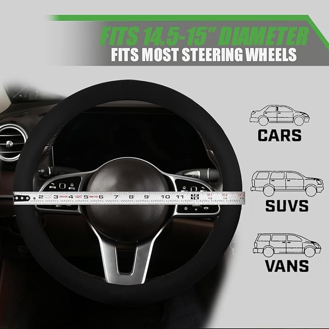 Suede Steering Wheel Cover with Upgraded Silicone Inner Ring, Anti Heat, Breathable, Anti-Slip, Leather Universal 14.5 to 15 inch Steering Wheel Cover (Pure Black)