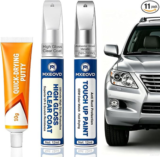 Alabaster Silver Metallic NH-700M Touch Up Paint Compatible with Honda, All in One Car Scratch Repair Kit with Primer Putty & Clear Coat, Complete Sanding Tools Set for Scratches Chips Nicks