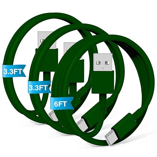 3-Pack Green [3.3FT+3.3FT+6FT] USB A to USB C Cable，USB to USB C Car Carplay Cable for iPhone 16 15 Pro Plus Pro Max，for iPad Pro/Air/Mini，for Samsung S24/S23/S22/S21，for MacBook Pro/Air and More