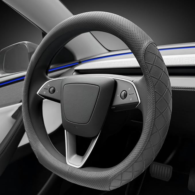 LKWLIKEI Leather Steering Wheel Cover. Elegant Diamond Checkered Design, Non-Slip and Breathable, for Tesla Model 3/Y Steering Wheel Protector,Black