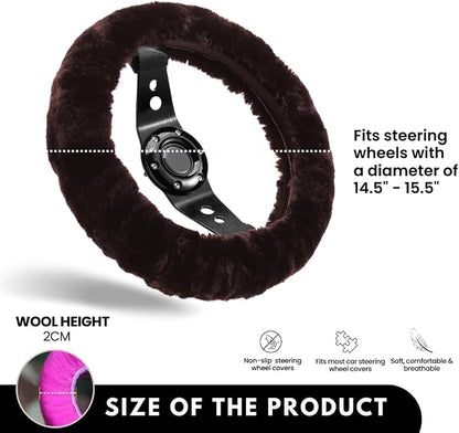 Andalus Brands Luxury Fluffy Car Steering Wheel Covers – Genuine Merino Sheepskin, Soft Fuzzy Car Steering Wheel Cover for Women, Universal 14.5-15" Size, Plush Fur Cute Auto Accessories, Mocha