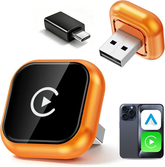 Wireless CarPlay Adapter & Android Auto Adapter, 2 in 1 Wired to Wireless CarPlay Dongle for iPhone & Android, Mini Plug & Play, Stable & No Latency, for iOS 10+ Android 11+ 2016+ Cars (Orange)