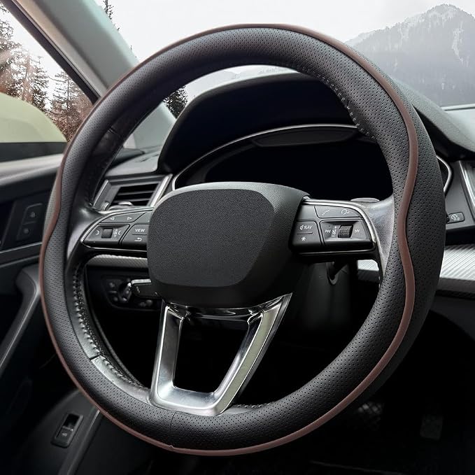 HAOTULE Leather Steering Wheel Cover， with Anti-Slip Stripe Design - Enhanced Grip, Fashion Style, Safe, Non-Slip, Breathable. Upgrade car Interior，Black Brown