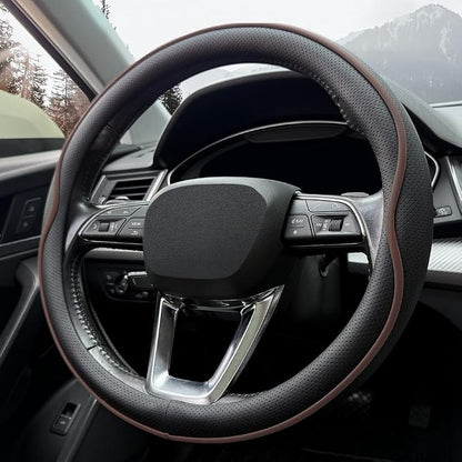 HAOTULE Leather Steering Wheel Cover， with Anti-Slip Stripe Design - Enhanced Grip, Fashion Style, Safe, Non-Slip, Breathable. Upgrade car Interior，Black Brown