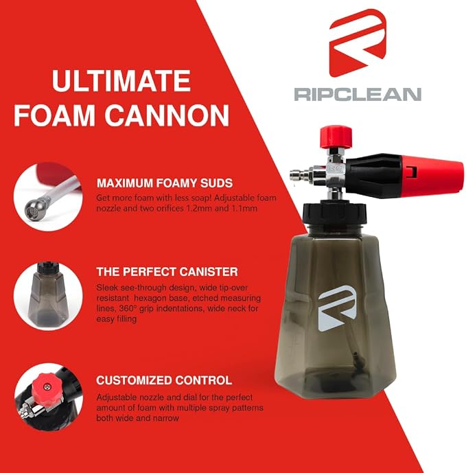 Ripclean Professional Foam Cannon for Pressure Washers – High-Performance Snow Foam Blaster for Car Washing, Detailing, and Cleaning – Adjustable Spray Pattern and 35oz Easy Connect Bottle