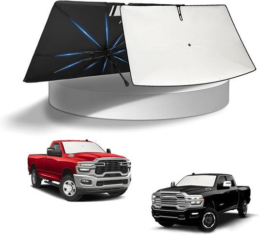 KUST Sun Shade Umbrella for 2019-2025 2026 Dodge Ram 1500 2500 3500 | Custom Fit Windshield Sunshade | Foldable Sunshade with Bendable Handle | Blocks Heat & UV Scratch Resistant
