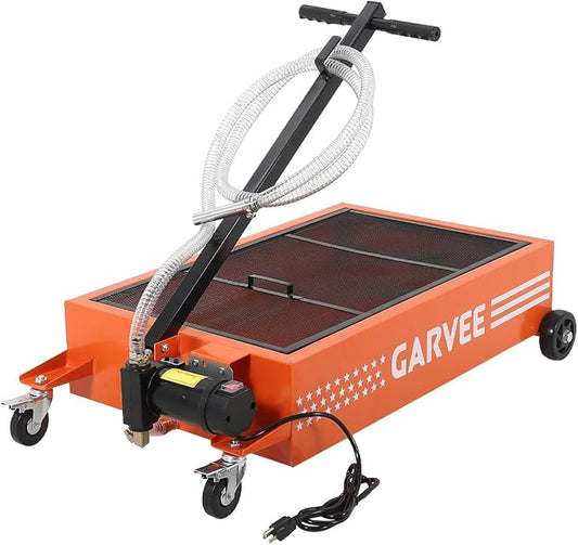 Garvee 25 Gallon Oil Drain Pan, 110V Waste Oil Drain Pan for Oil Change, Steel, 8-8.2 ft Hose& Folding Handle&Rolling Cart, Heavy Duty for Trucks,Orange