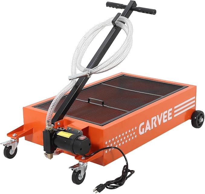 Garvee 20 Gallon Oil Drain Pan, 110V Waste Oil Drain Pan for Oil Change, Steel, 8-8.2 ft Hose& Folding Handle&Rolling Cart, Heavy Duty for Trucks,Orange
