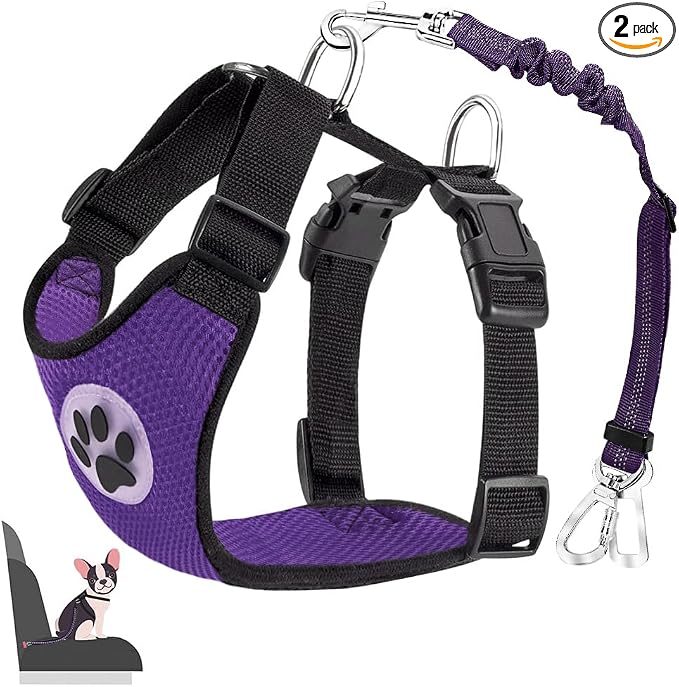 Lukovee Dog Car Harness Seat Belt, Adjustable Mesh Breathable Vest with Elastic Bungee Tether, Soft Padded 2-in-1 Safety Car Harness Seatbelt for Small Medium Large Dogs (Purple,XXXS)