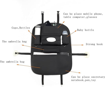 Premium PU Leather Backseat Seat Organizer with Foldable Table, Multi-Storage Pockets and Adjustable Buckle Strap for Automobiles