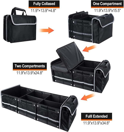 AOPHY Car Trunk Organizer with Insulated Cooler Bag, Foldable & Waterproof Storage Organizer with Lid for SUV, Truck, Sedan - 4 Large Adjustable Compartments, Heavy Duty & Collapsible Design