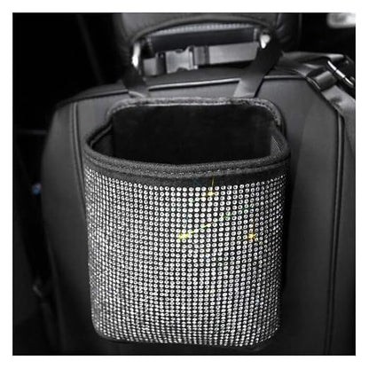Bling Rhinestones Car Trash Can, Car Seat Back Organizer Trash Bag Auto Garbage Can Hanging Container Waste-Basket - White