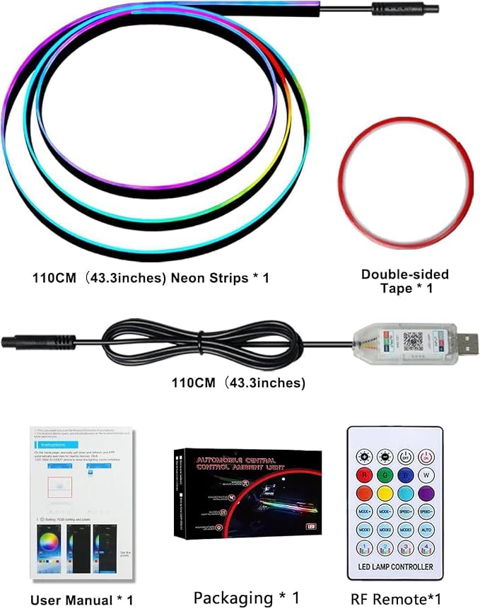 Acrylic LED Lights for Car, 43.3in RGB Strip Light Car LED Lights Interior with USB Port, App Control, Music Sync, 146 LEDs Interior Ca r Lights for Women Men Gifts