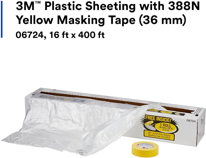3M Plastic Sheeting With 388N Yellow Masking Tape (36 mm), 06724, Tear Resistant, Easy To Cut, Durable, 16 ft x 400 ft