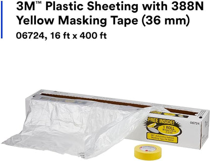 3M Plastic Sheeting With 388N Yellow Masking Tape (36 mm), 06724, Tear Resistant, Easy To Cut, Durable, 16 ft x 400 ft