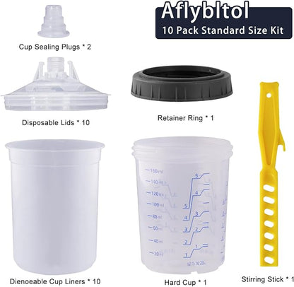 Disposable Paint Sprayer Mixing Cup for Automotive Paint Gun, HVLP Paint Spray Paint Gun 6 Ounce (160ml) Kit with 10 Cups and Lids System, 1 Hard Cup with Retainer Ring and 2 Plugs