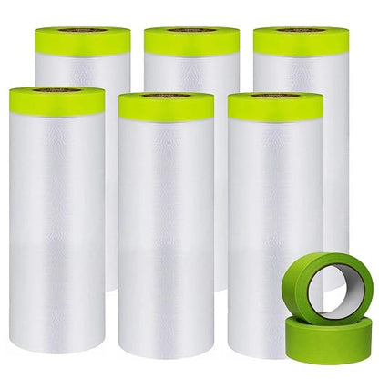 Painters Tape and Drape, 6 Rolls Automotive Painters Tape and Plastic Film, Paint Covering Roll for Covering Skirting, Frames, Cars and Auto Body (55in X 65-Feet)