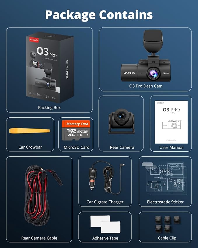 Kingslim 3 Channel 5G WiFi Dash Cam with 64GB Card, 2.5K/1080P Front and Rear Inside Dashcam, 2.5K/1080P/1080P Three Way Dash Camera for Cars Auto IR Night Vision, Loop Recording, APP Control(O3PRO)