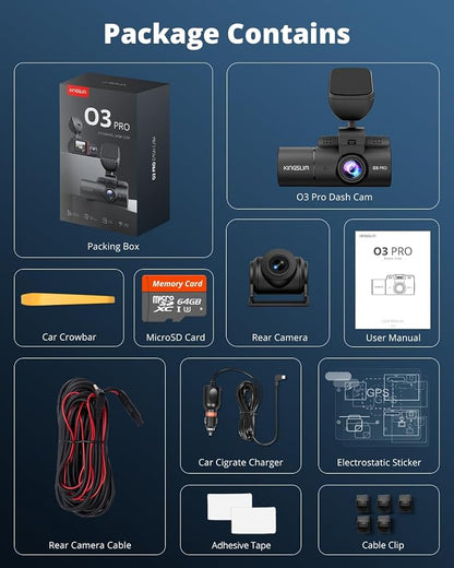 Kingslim 3 Channel 5G WiFi Dash Cam with 64GB Card, 2.5K/1080P Front and Rear Inside Dashcam, 2.5K/1080P/1080P Three Way Dash Camera for Cars Auto IR Night Vision, Loop Recording, APP Control(O3PRO)