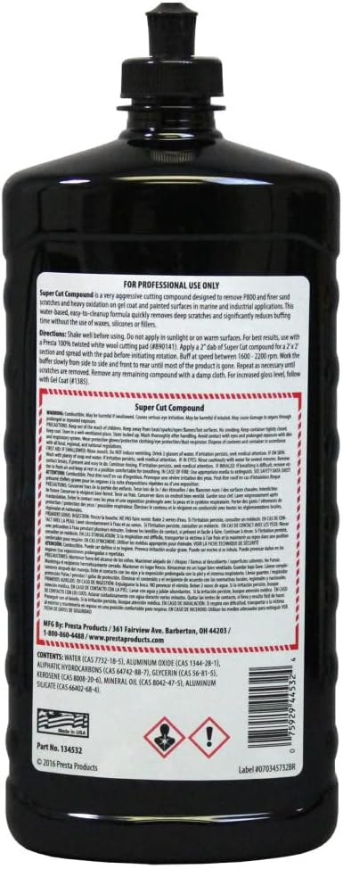 Presta 134532 Super Cut Compound for Removing P800 Grit, Heavy Sand Scratches and Oxidation - 32 Oz.