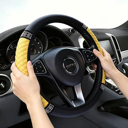 Soft Leather Car Steering Wheel Cover, Universal 15 Inch Colorful Rhinestones Anti-Slip Elastic Steering Wheel Covers for Most Cars, Sparkly Crystal Diamond for Women Girls (Yellow)