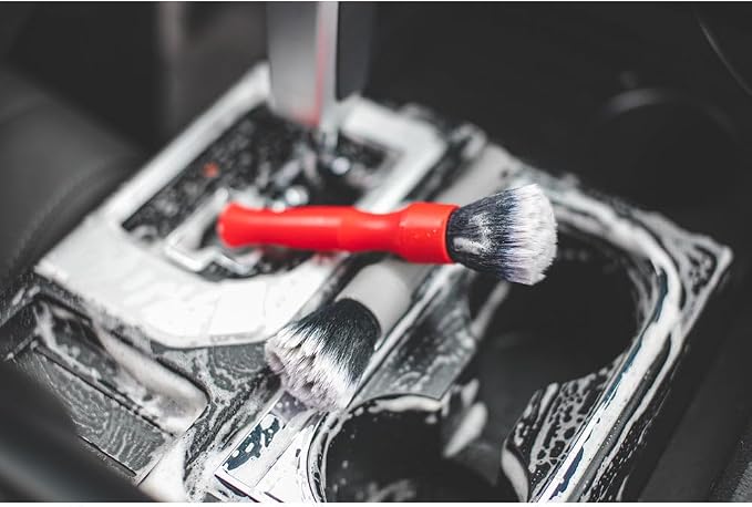Detail Factory - Synthetic Detailing Brush Set - Long & Short Brush - Ultra-Soft Interior Car Cleaning Brushes for, Screens, Emblems, & Tight Spaces - Red
