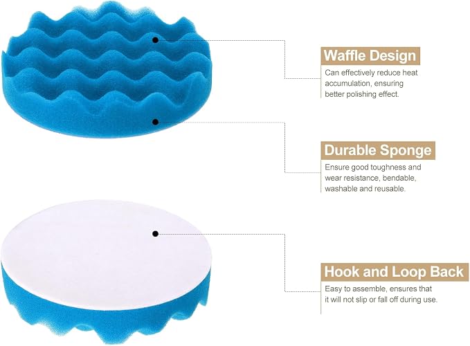 HARFINGTON 3pcs Buffing Sponge Pads 5" Polishing Wheel Waffle Finishing Grip Pad Car Buffer Polisher with Hook and Loop Back for Car Detailing Polishing Waxing, Blue