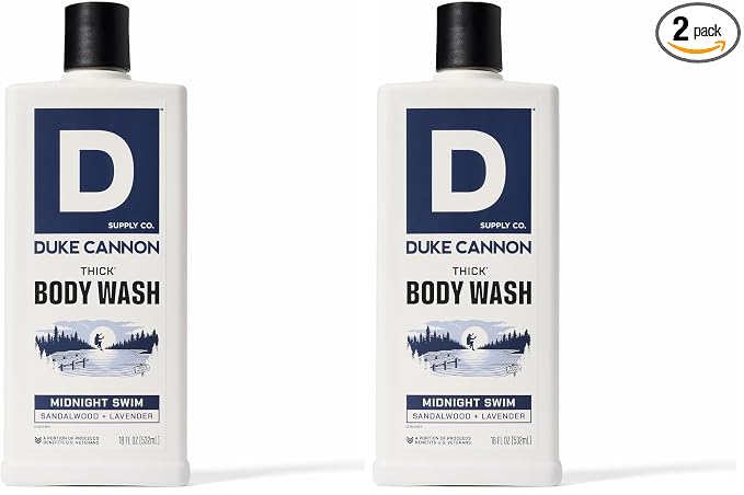 Duke Cannon Supply Co. Thick High Viscosity Body Wash - 3X Thicker, Plant-Based, Mineral-Enriched Body Wash for Men - Sandalwood and Lavender - Mens Body Scrub - Midnight Swim (18 oz) (Pack of 2)