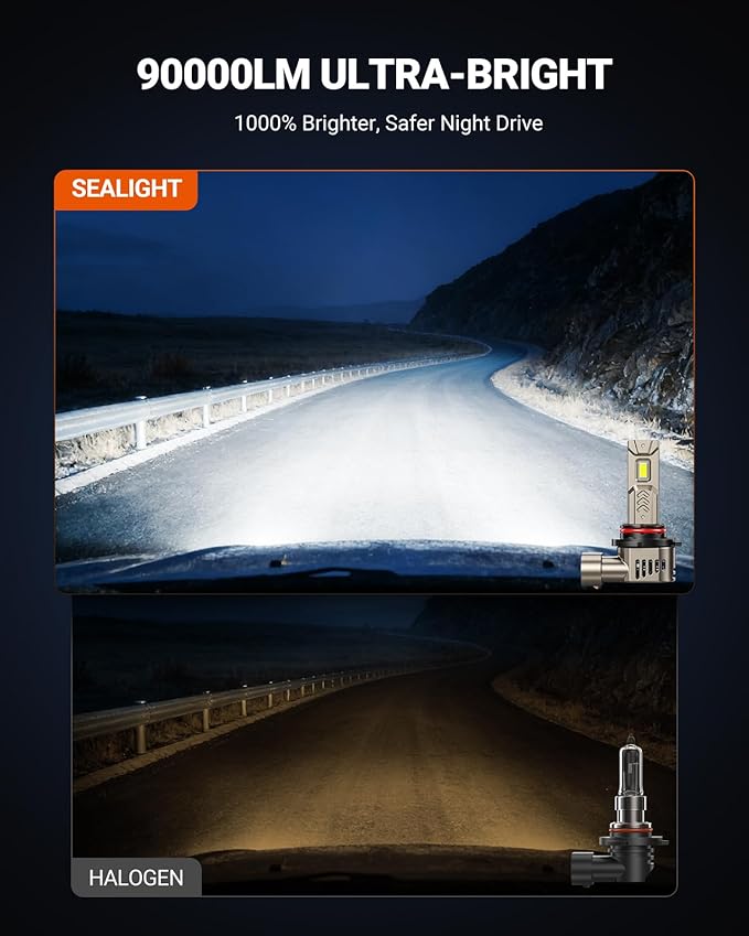 SEALIGHT 9005/HB3 9006/HB4 LED Bulbs Combo, 1000% Super Bright, 1:1 Mini Size, 10-Year Extended Lifespan with Cooling Fan, 6500K White Canbus Ready, Plug-N-Play, Pack of 4