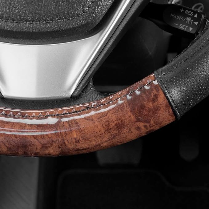 BDK Dark Wood Grain Steering Wheel Cover with Black Faux Leather Comfort Grip, Standard 15 inch Size, Car Steering Wheel Cover for Truck Van SUV Auto