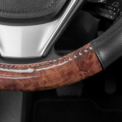 BDK Dark Wood Grain Steering Wheel Cover with Black Faux Leather Comfort Grip, Standard 15 inch Size, Car Steering Wheel Cover for Truck Van SUV Auto