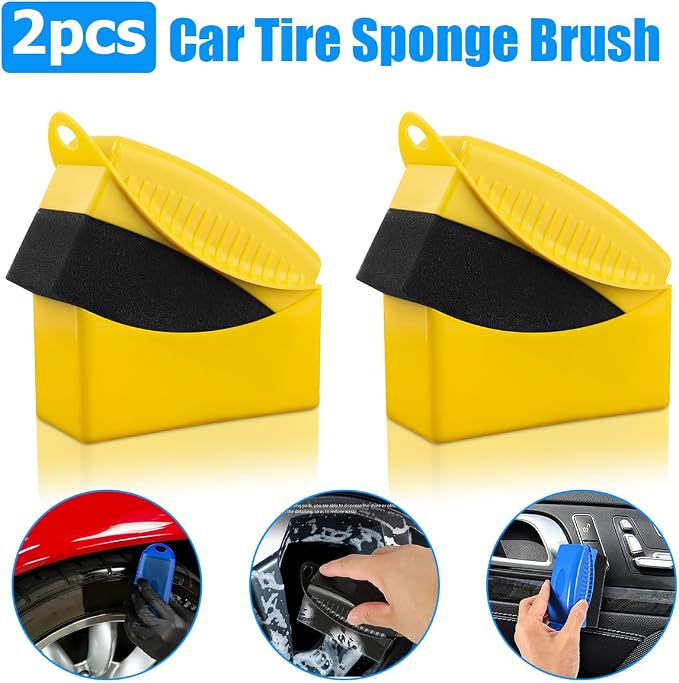 BESULEN 2 Pcs Tire Contour Dressing Applicator, Car Wheel Dressing Shine Sponge with Lid, Polishing Sponge Wax Buffing Pads for Auto, Foam Brush with Cover, Automotive Cleaning Accessories (Yellow)