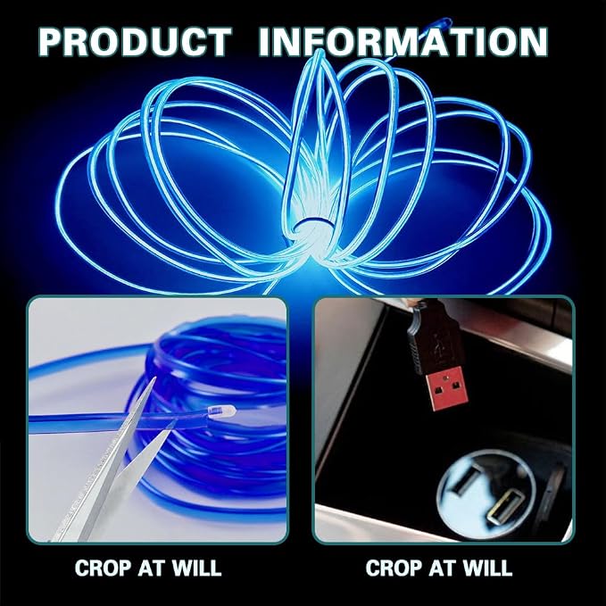 EL Wire Interior Car LED Strip Lights, 16.5FT USB Neon Glowing Strobing El Wire Lights with 6mm Sewing Edge, Ambient Lighting Kits Universal Car Interior Accessories for Most Car (Blue)