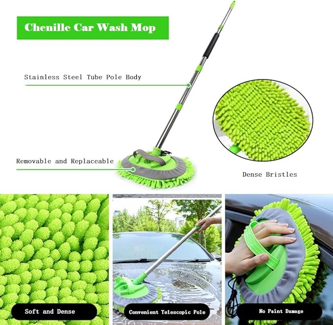 62'' Car Wash Brush Cleaning Kits with Long Handle Foldable Car Wash Brush Windshield Window Squeegee Car Washing Supply Set for All Car