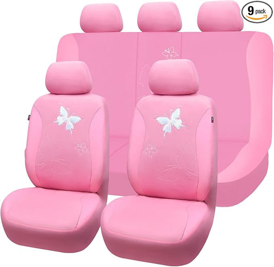Flying Banner Butterfly car seat Covers ful Set Fashion Universal Lady Woman Female Rear Bench Split Colorized (Full Set - Lace, Solid Pink)