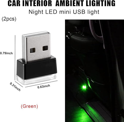 2 PCS USB LED Car Interior Atmosphere Lamp, Portable Mini LED Night Light, Plug-in USB Interface Trunk Ambient Lighting Kit, Universal Interior Car Accessories (Green)
