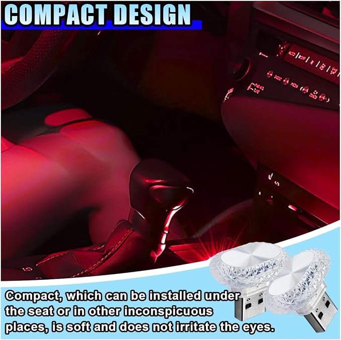 2PCS USB LED Car Interior Night Light, Crystal Mini Decoration Neno Ambient Light Car Interior Atmosphere Lamp, Plug-in USB Interface Auto Trunk Ambient Lighting Kit Universal for Cars (Red)