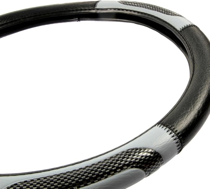 BDK Sporty Two Tone Ergonomic Grip Steering Wheel Cover - Carbon Fiber Grip for Standard Size Wheels 14.5-15 inch Gray/Black