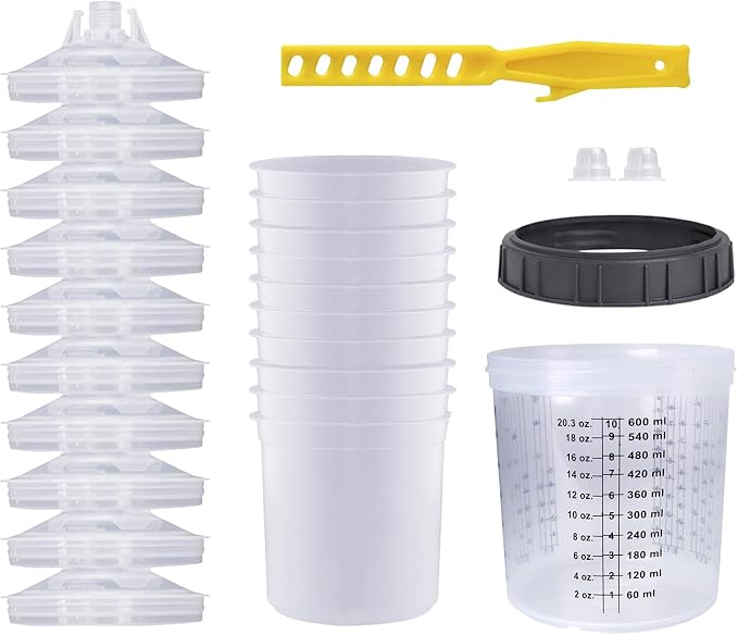 Disposable Paint Sprayer Mixing Cup for Automotive Paint Gun, HVLP Paint Spray Paint Gun 20 Ounce (600ml) Kit with 10 Cups and Lids System, 1 Hard Cup with Retainer Ring and 2 Plugs