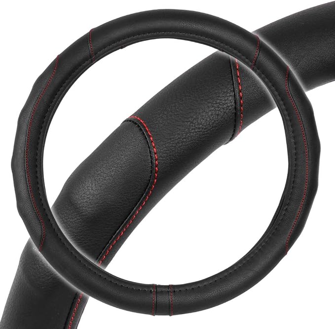 Motor Trend Ergonomic Steering Wheel Cover/Protector for Small Size Steering Wheels in Cars, SUVs, Boats (13.5-14.5") - Grip Drive Pro Comfort Grip (Black/Red Stitching)